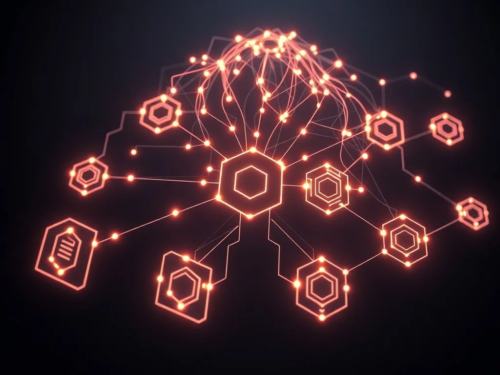 A technical 3D schematic of a neural network architecture wi