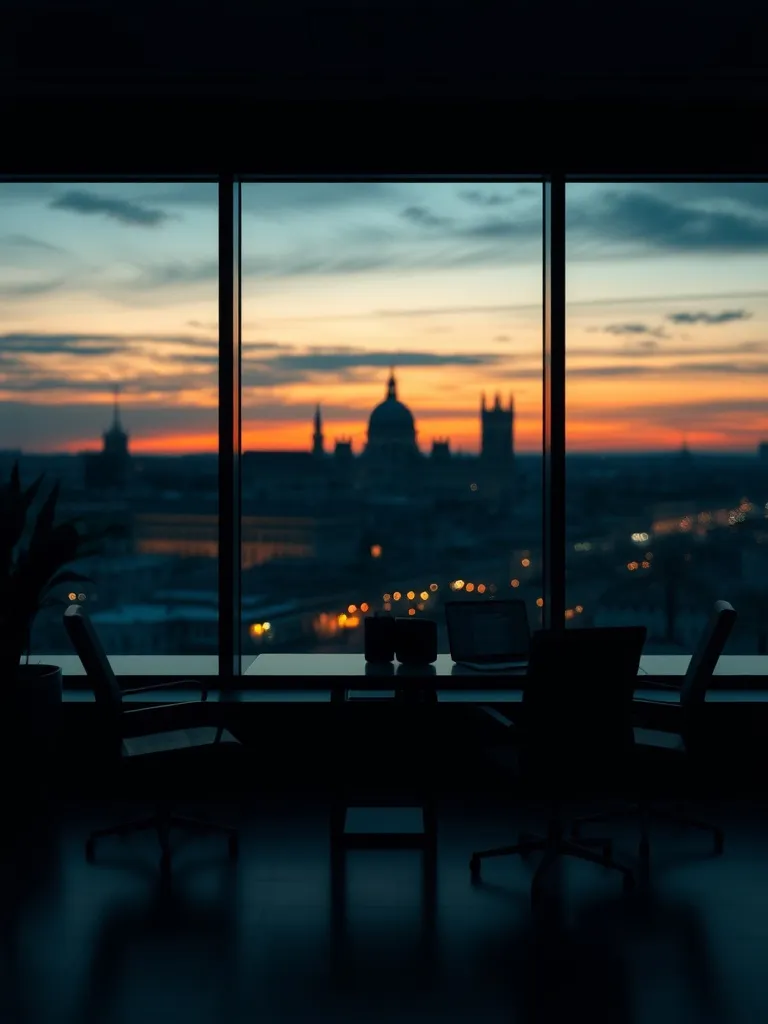 A high-tech dark financial office interior with large glass